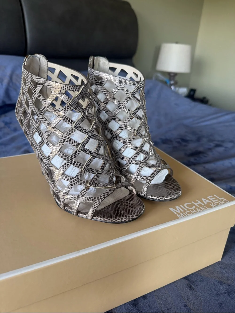 MICHAEL KORS Silver Metallic Cutout Stiletto Booties